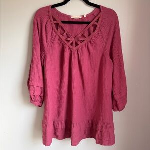 Soft Surroundings Boho Crinkle Tunic Top Rose Pink Ramie Rayon Size L